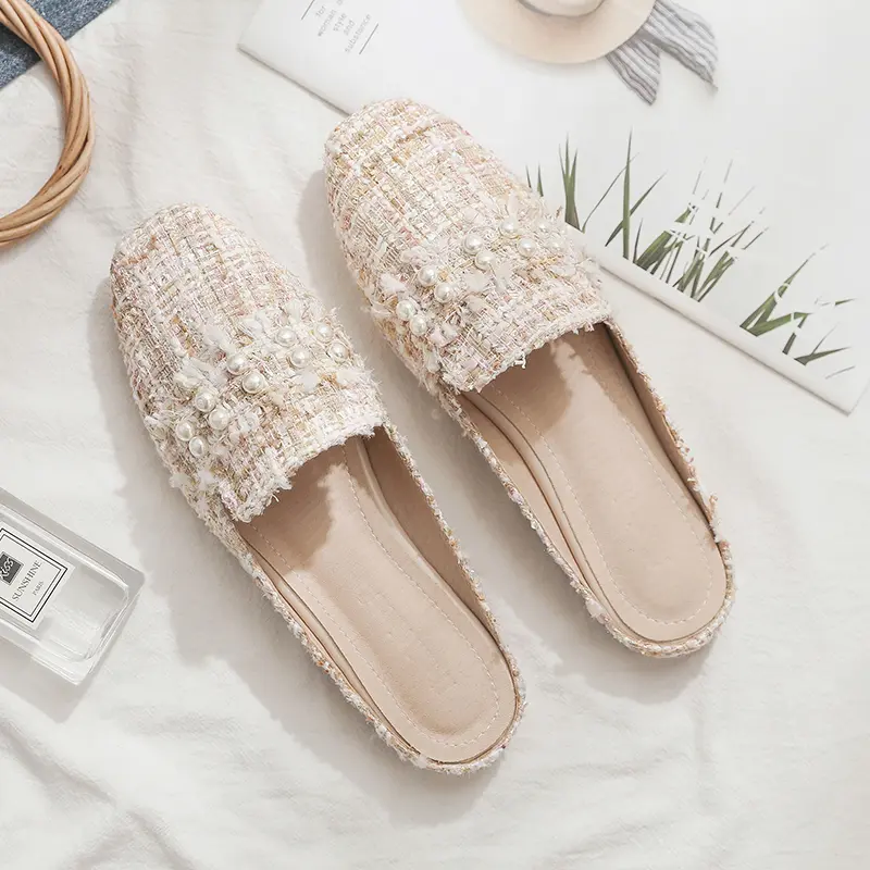 Aphixta 2025 New Summer Pearl Women Slides Ladies Shoes Flat Heel Cool Fashion Bow Fabrics Footwear Slippers Plus Big Size 43