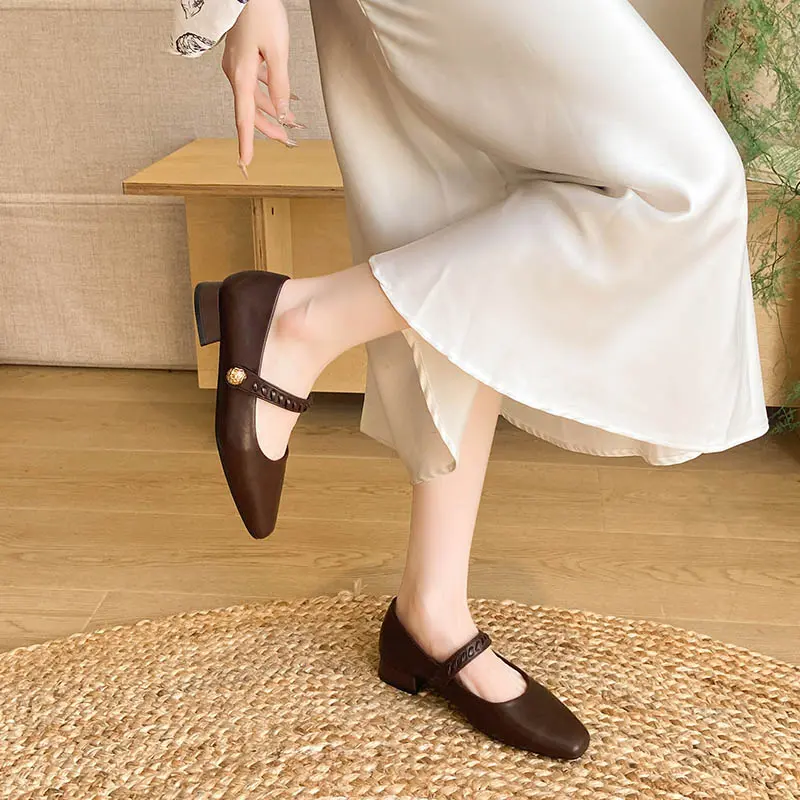 Aphixta 2.5cm Low Heel Mary Janes Hook Loop Square Toe Shallow Woman Heels Shoes Metal Buckle Shoes for Woman Zapatos De Mujer