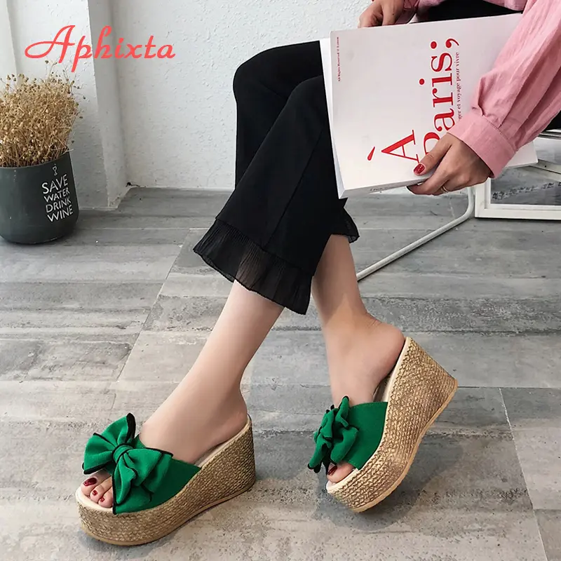 Aphixta 3.54inch Women Slippers Platform Wedge Women Slipper Appliques Slides Beach Sandals Slides Summer Ladies Mules Clog Shoe