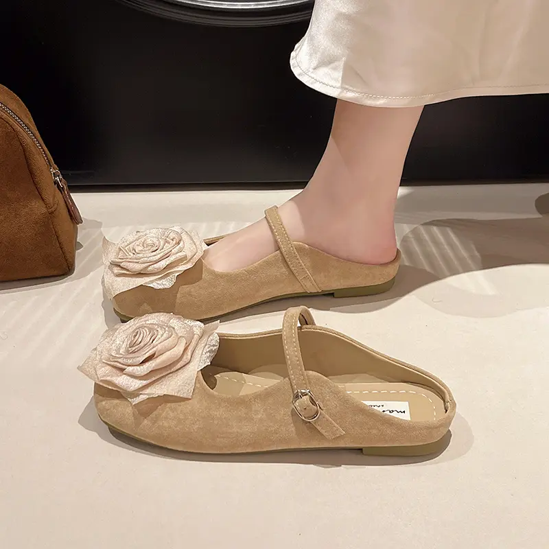 Aphixta New Big Flower Dec Slippers Khaki Sweet Women Slippers Soft Sole Slip On Outside Round Toe Shoes Flat Heel Fashion Slide