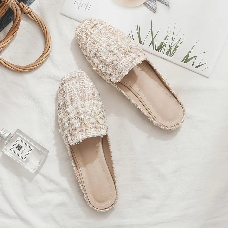 Aphixta 2025 New Summer Pearl Women Slides Ladies Shoes Flat Heel Cool Fashion Bow Fabrics Footwear Slippers Plus Big Size 43