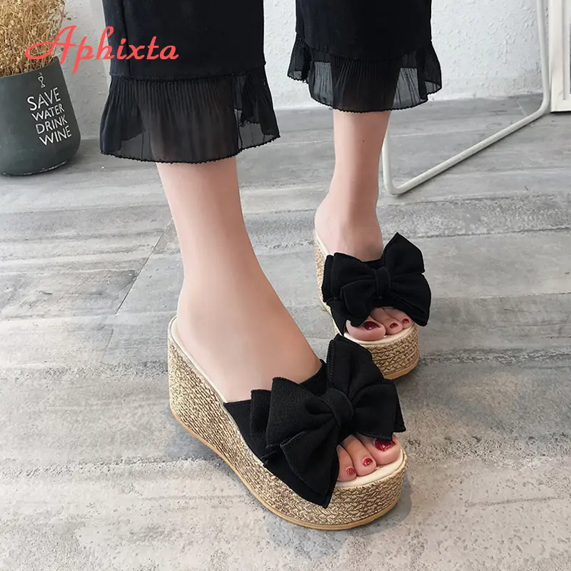 Aphixta 3.54inch Women Slippers Platform Wedge Women Slipper Appliques Slides Beach Sandals Slides Summer Ladies Mules Clog Shoe