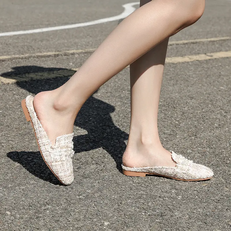 Aphixta 2025 New Summer Pearl Women Slides Ladies Shoes Flat Heel Cool Fashion Bow Fabrics Footwear Slippers Plus Big Size 43