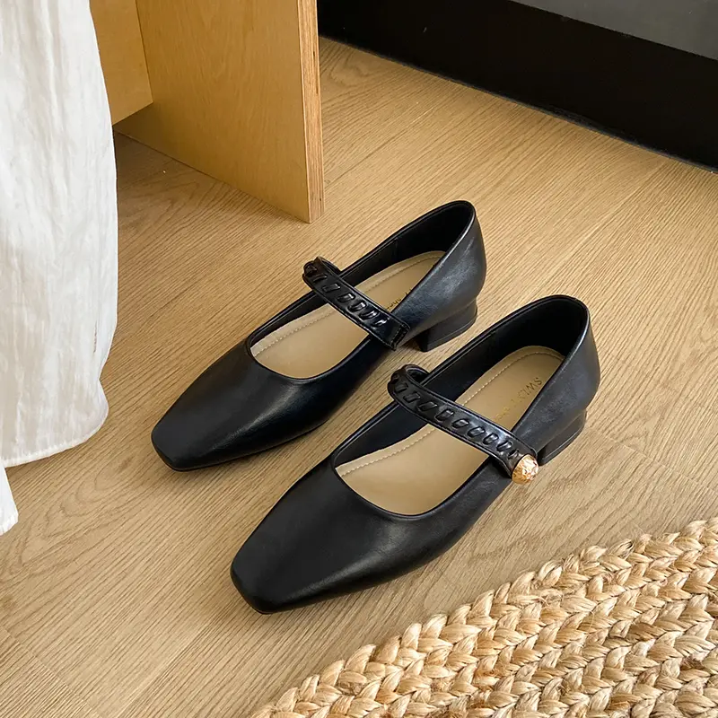 Aphixta 2.5cm Low Heel Mary Janes Hook Loop Square Toe Shallow Woman Heels Shoes Metal Buckle Shoes for Woman Zapatos De Mujer