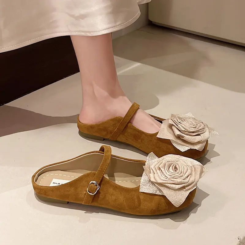 Aphixta New Big Flower Dec Slippers Khaki Sweet Women Slippers Soft Sole Slip On Outside Round Toe Shoes Flat Heel Fashion Slide