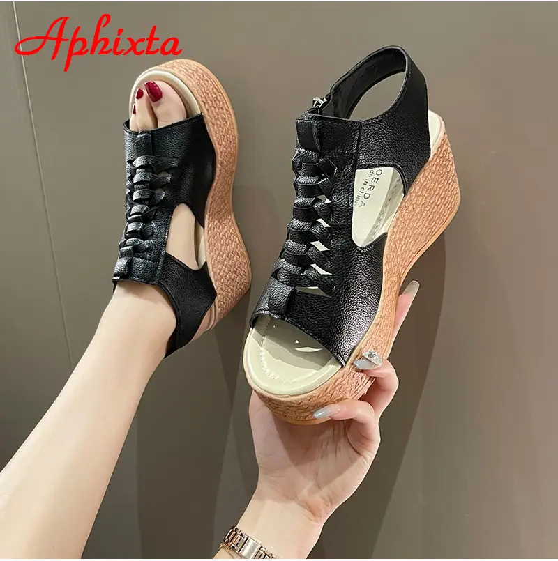 Aphixta Big Szie 43 Summer 7cm Wedge Heel Sandals Women Peep Toe Metal Zip Platform Shoes Cool Wedges Fashion Slides