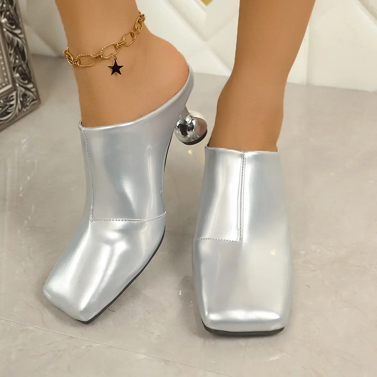 Aphixta 8cm High Heels Elegant Women Slides Square Toe Shallow Gold Heels Slides Sexy Metal Strange Style Heels Shoes Size 42