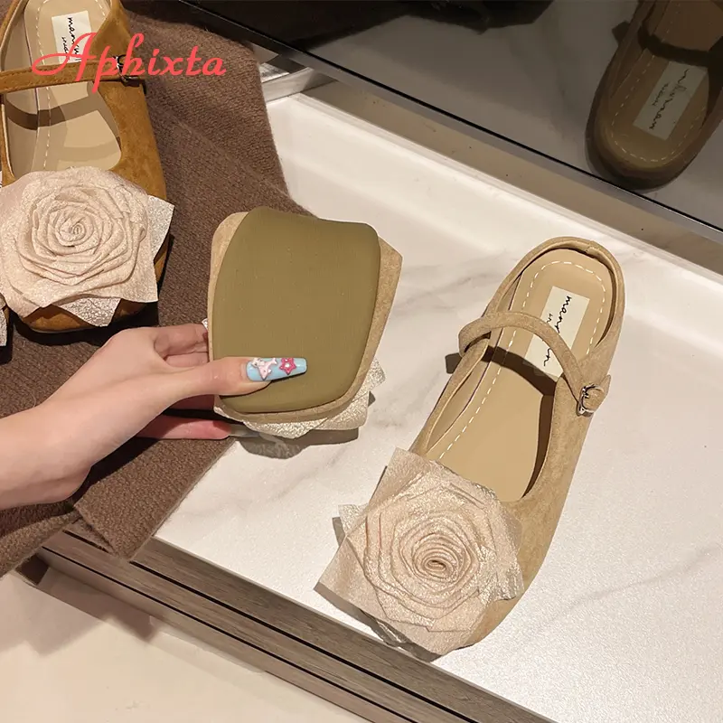 Aphixta New Big Flower Dec Slippers Khaki Sweet Women Slippers Soft Sole Slip On Outside Round Toe Shoes Flat Heel Fashion Slide