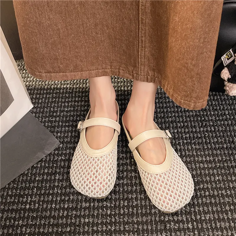 Aphixta New Summer Breathable Mesh Women Slippers Slip On Buckle Shoes Round Toe Flip Flops Beach Flat Heel Silver Slides Mules