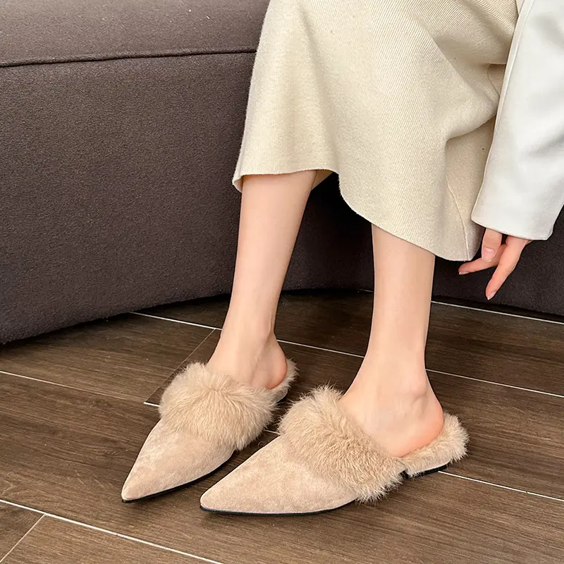 Aphixta New Warm Winter Slippers Suede Pointed Toe Slipper Low Heel Furry Shoes Indoor Hair Slides zapatos de mujer pantunflas