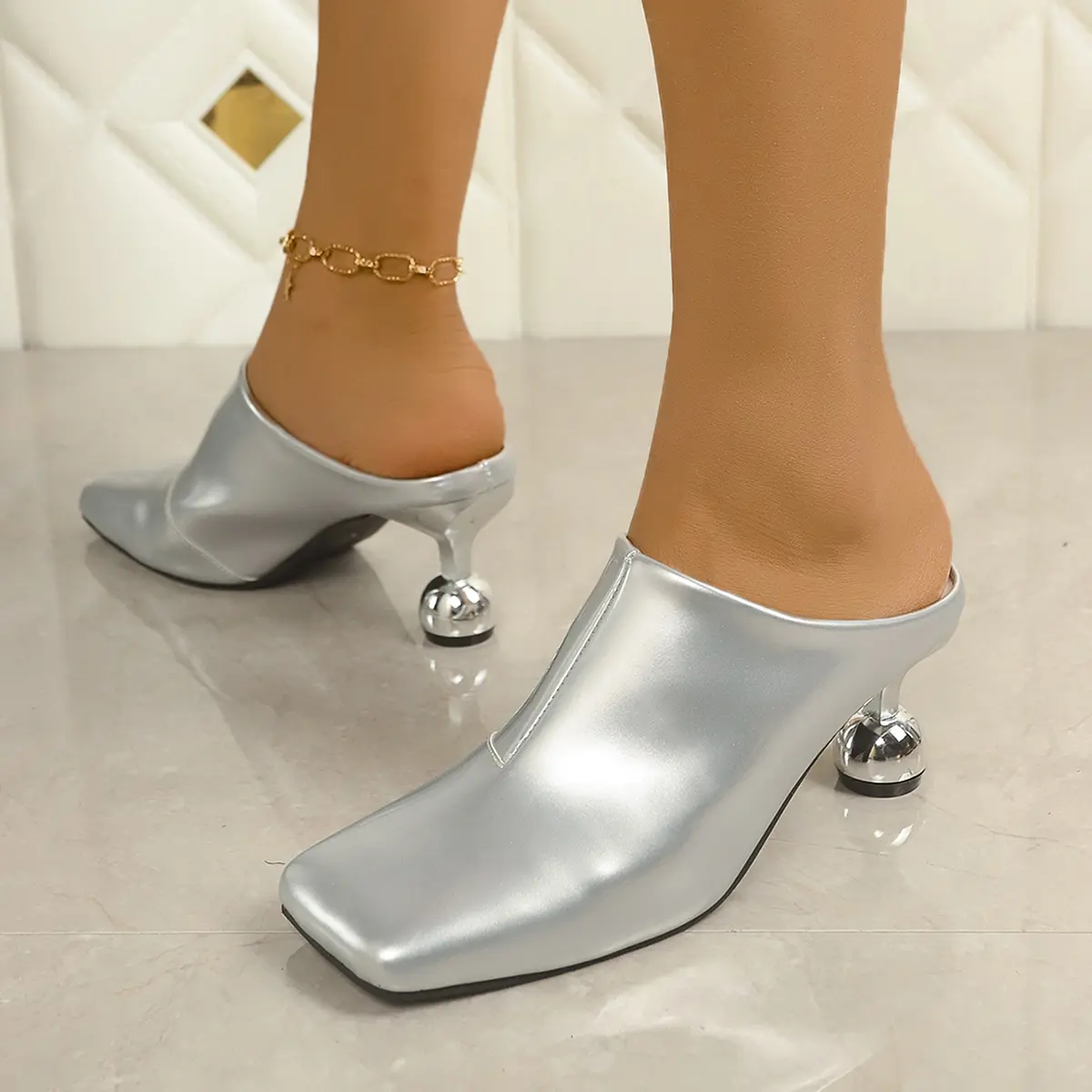 Aphixta 8cm High Heels Elegant Women Slides Square Toe Shallow Gold Heels Slides Sexy Metal Strange Style Heels Shoes Size 42