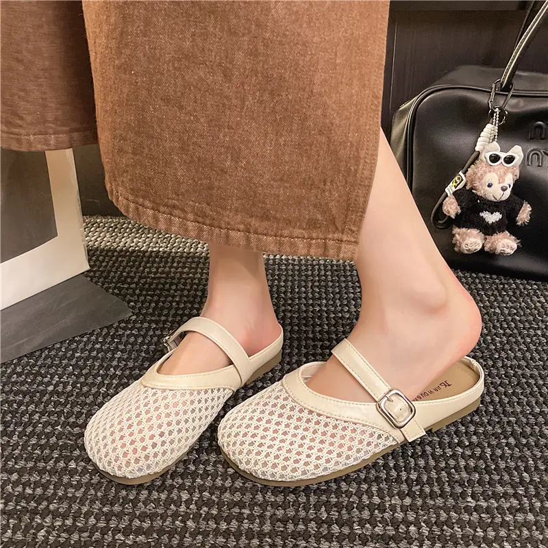 Aphixta New Summer Breathable Mesh Women Slippers Slip On Buckle Shoes Round Toe Flip Flops Beach Flat Heel Silver Slides Mules