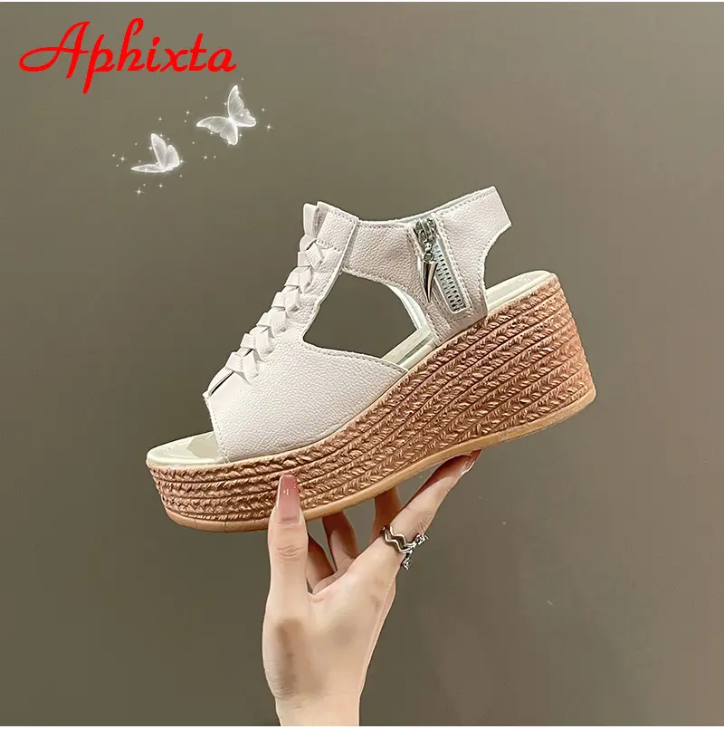 Aphixta Big Szie 43 Summer 7cm Wedge Heel Sandals Women Peep Toe Metal Zip Platform Shoes Cool Wedges Fashion Slides