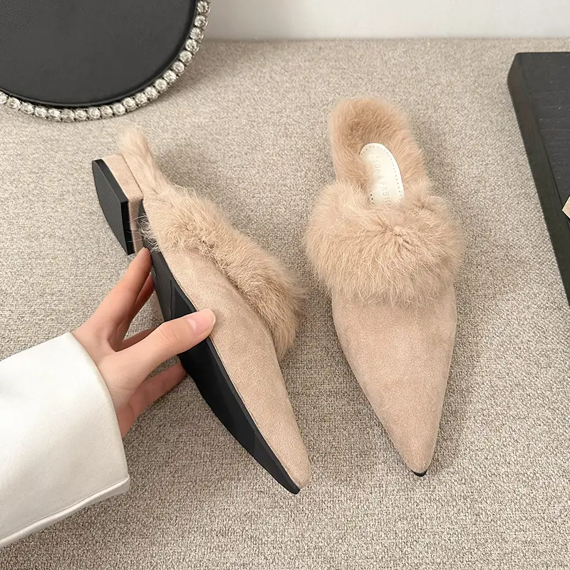 Aphixta New Warm Winter Slippers Suede Pointed Toe Slipper Low Heel Furry Shoes Indoor Hair Slides zapatos de mujer pantunflas