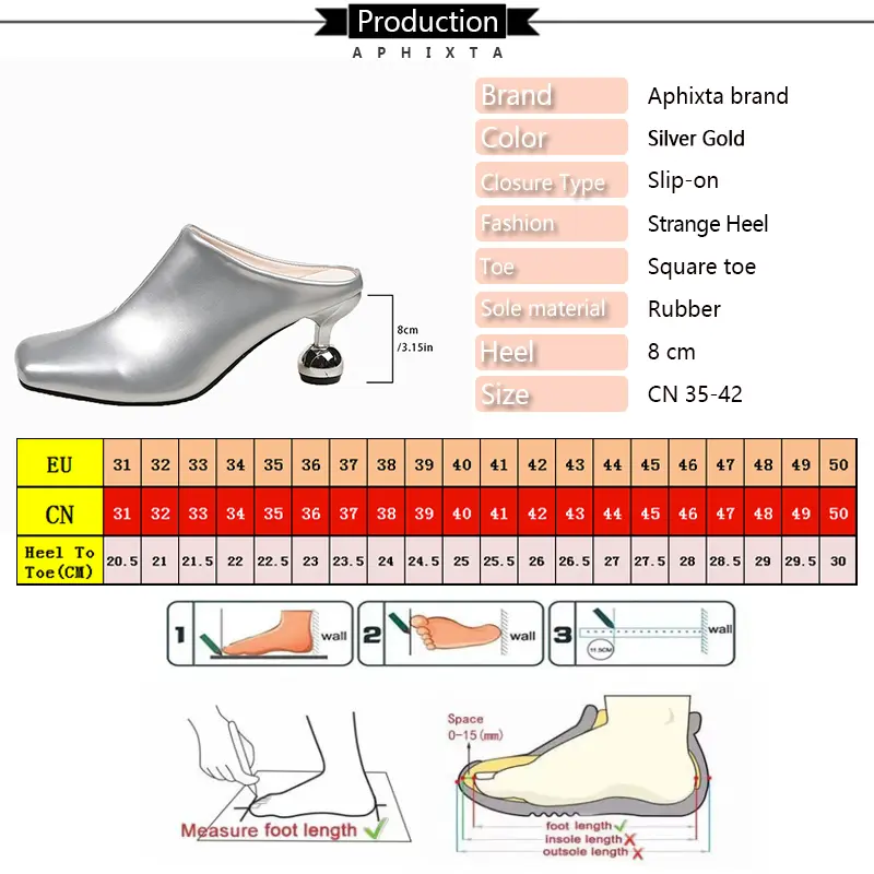 Aphixta 8cm High Heels Elegant Women Slides Square Toe Shallow Gold Heels Slides Sexy Metal Strange Style Heels Shoes Size 42