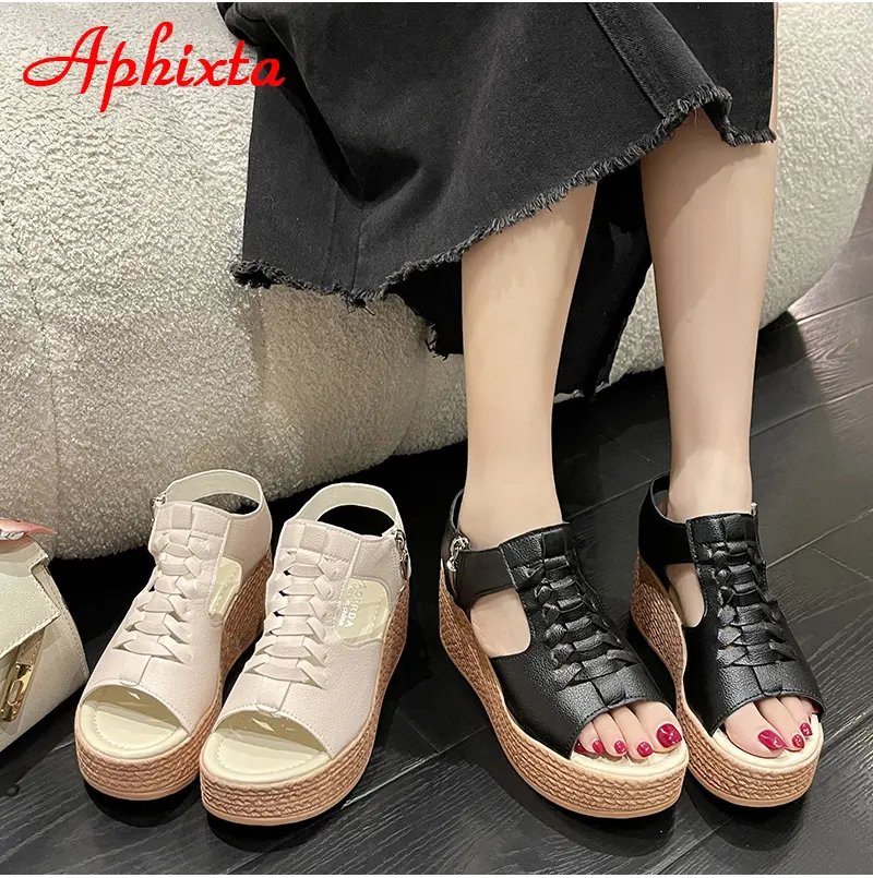 Aphixta Big Szie 43 Summer 7cm Wedge Heel Sandals Women Peep Toe Metal Zip Platform Shoes Cool Wedges Fashion Slides