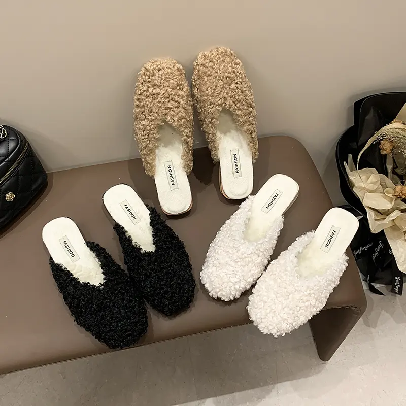 Aphixta 2.5cm Square Heel Warm Winter Furry Slide Kid Suede Women Slippers Women Shoes Round Toe Low Heel Slip On Hair Slides