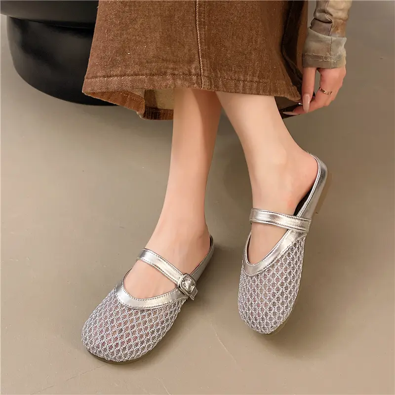 Aphixta New Summer Breathable Mesh Women Slippers Slip On Buckle Shoes Round Toe Flip Flops Beach Flat Heel Silver Slides Mules
