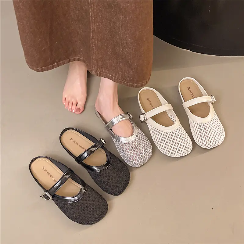 Aphixta New Summer Breathable Mesh Women Slippers Slip On Buckle Shoes Round Toe Flip Flops Beach Flat Heel Silver Slides Mules