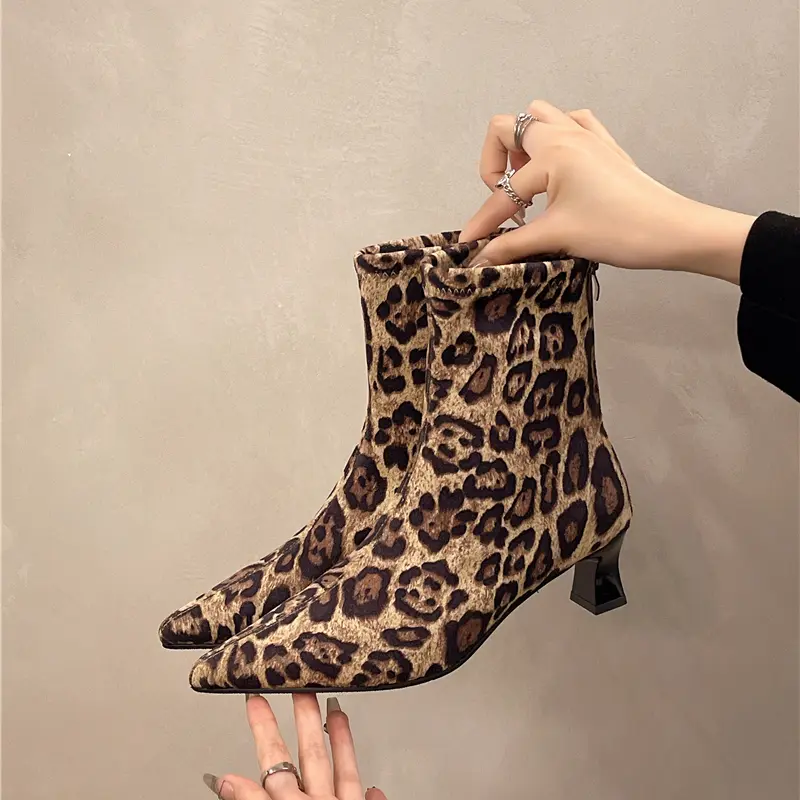 Aphixta Soft Stretch Fabric Women Ankle Boots Leopard Print Modern Boots 5cm Spike Heels Shoes Woman Boats botines para mujeres