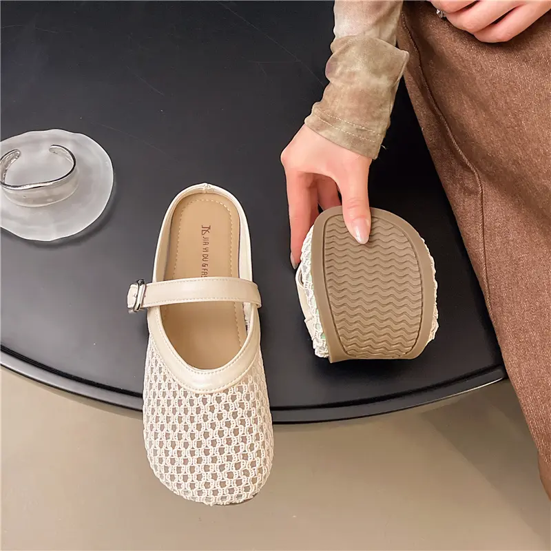 Aphixta New Summer Breathable Mesh Women Slippers Slip On Buckle Shoes Round Toe Flip Flops Beach Flat Heel Silver Slides Mules