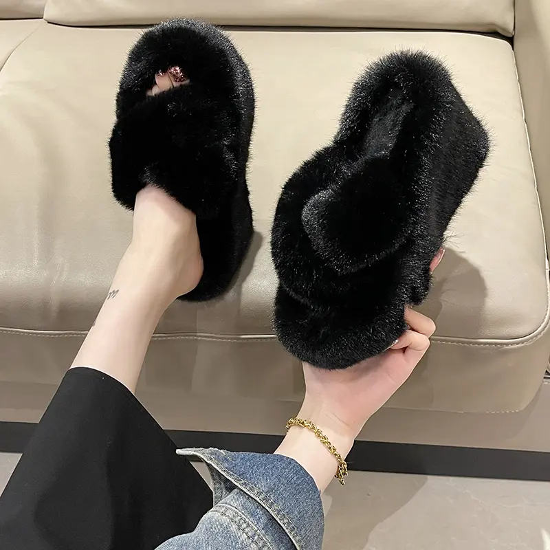 Aphixta Black Faux Fur 10cm Wedge Heels Slippers Women Winter Mulers Furry Warm Soft Shoe Cross Strap Clog Slides Sexy Shoes