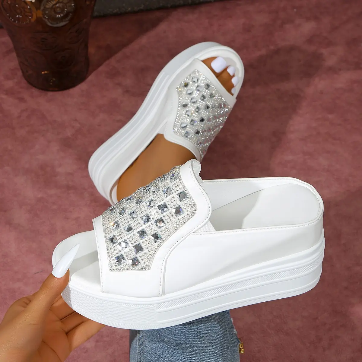 Aphixta White Wedge Heels Slippers Bling Crystal Design New Woman Shoes Mulers Platform Sandals Peep Toe Slides Plus Size 42