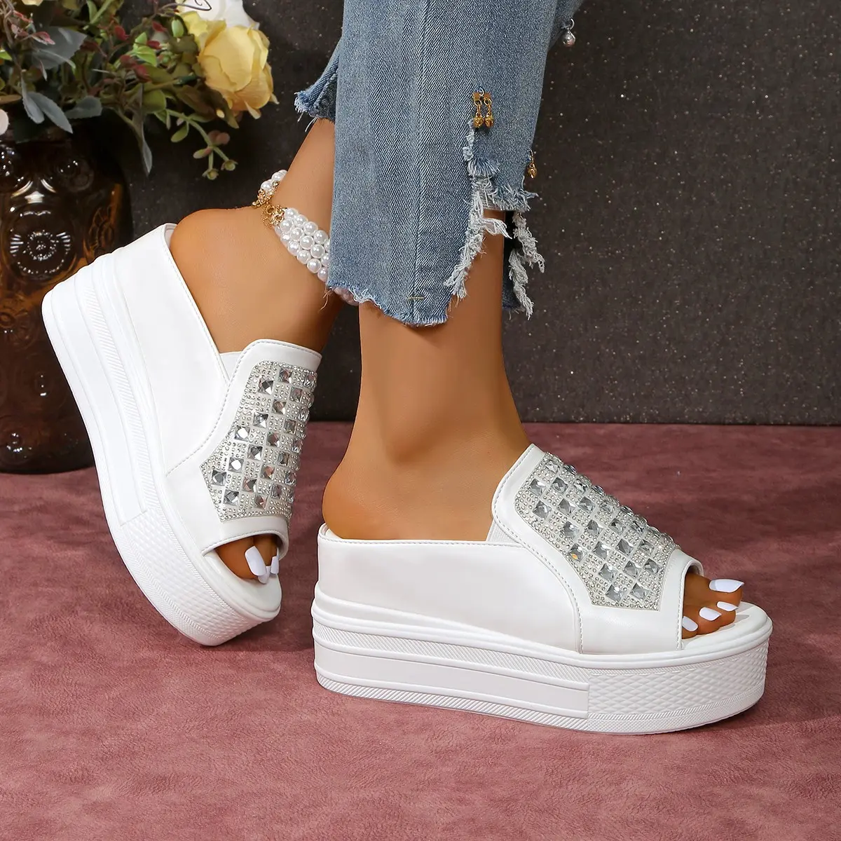 Aphixta White Wedge Heels Slippers Bling Crystal Design New Woman Shoes Mulers Platform Sandals Peep Toe Slides Plus Size 42