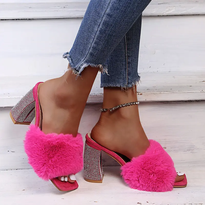 Aphixta Baby Pink Real Rabbit Fur Women Slippers 10cm Super High Heels Crystal Heel Shoes Square Toe Furry Slides Plus Size 43