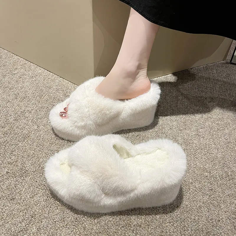Aphixta Black Faux Fur 10cm Wedge Heels Slippers Women Winter Mulers Furry Warm Soft Shoe Cross Strap Clog Slides Sexy Shoes