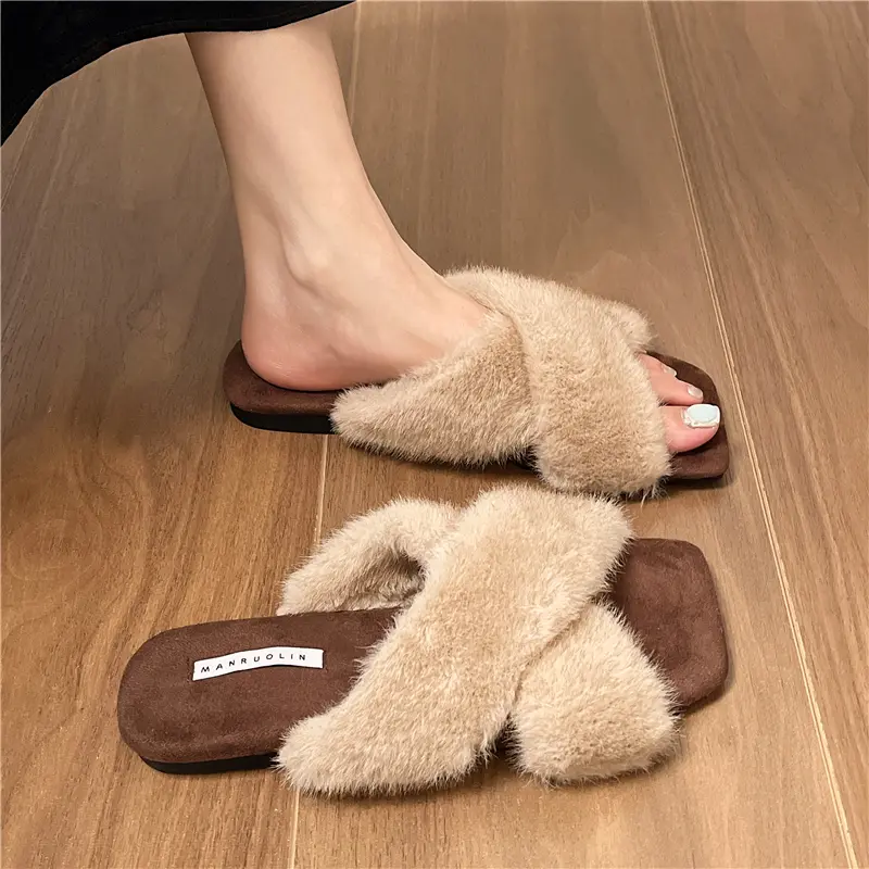Aphixta Cross Straps Furry Slipper Sexy Leopard Prints Women Slides Square Toe Shoes Outside Flat Heel Hair Women Shoes Slides
