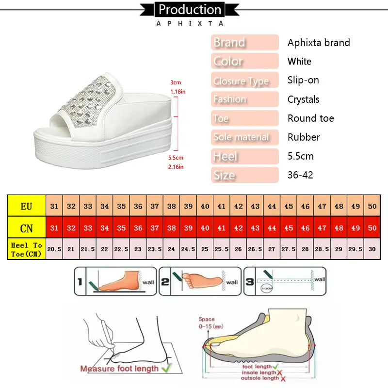 Aphixta White Wedge Heels Slippers Bling Crystal Design New Woman Shoes Mulers Platform Sandals Peep Toe Slides Plus Size 42