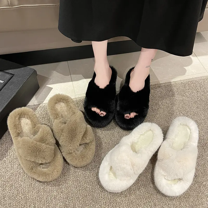 Aphixta Black Faux Fur 10cm Wedge Heels Slippers Women Winter Mulers Furry Warm Soft Shoe Cross Strap Clog Slides Sexy Shoes
