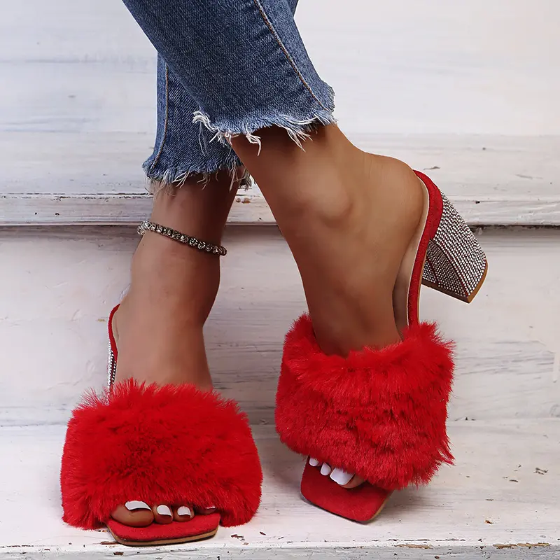 Aphixta Baby Pink Real Rabbit Fur Women Slippers 10cm Super High Heels Crystal Heel Shoes Square Toe Furry Slides Plus Size 43