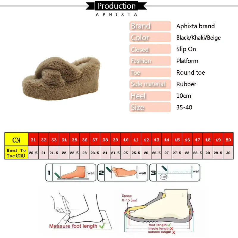 Aphixta Black Faux Fur 10cm Wedge Heels Slippers Women Winter Mulers Furry Warm Soft Shoe Cross Strap Clog Slides Sexy Shoes