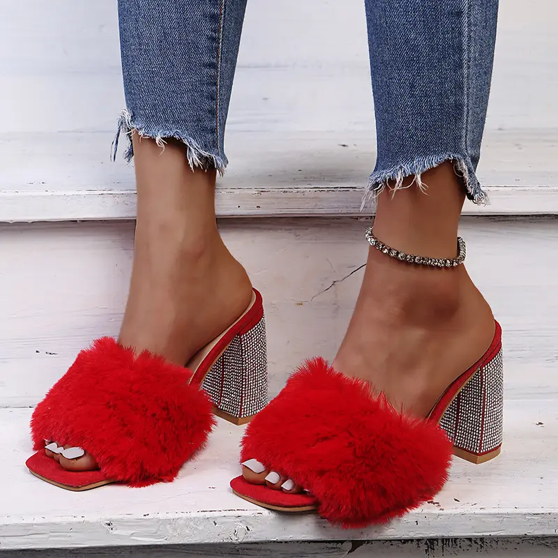 Aphixta Baby Pink Real Rabbit Fur Women Slippers 10cm Super High Heels Crystal Heel Shoes Square Toe Furry Slides Plus Size 43