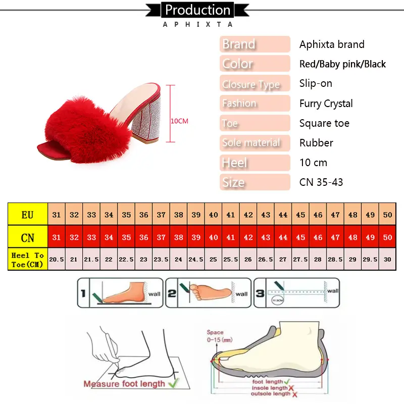 Aphixta Baby Pink Real Rabbit Fur Women Slippers 10cm Super High Heels Crystal Heel Shoes Square Toe Furry Slides Plus Size 43