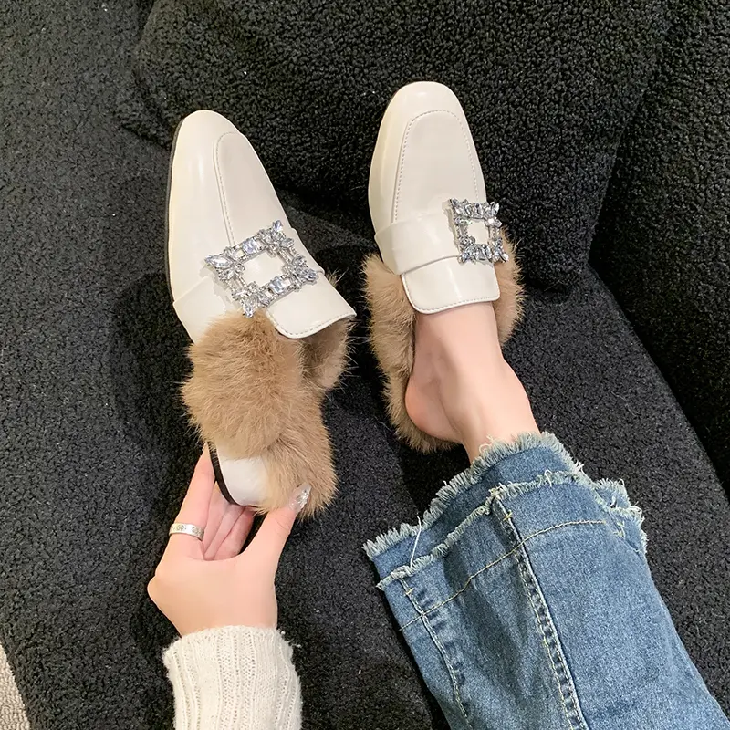 Aphixta Crystal Square Buckle Warm Winter Slipper Real Fur Women Mule Furry Shoes Square Toe 4.5cm Med Heel Black Modern Slides