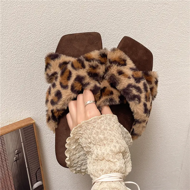 Aphixta Cross Straps Furry Slipper Sexy Leopard Prints Women Slides Square Toe Shoes Outside Flat Heel Hair Women Shoes Slides