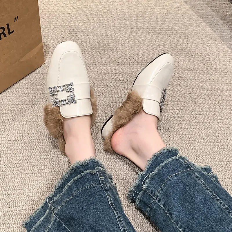 Aphixta Crystal Square Buckle Warm Winter Slipper Real Fur Women Mule Furry Shoes Square Toe 4.5cm Med Heel Black Modern Slides