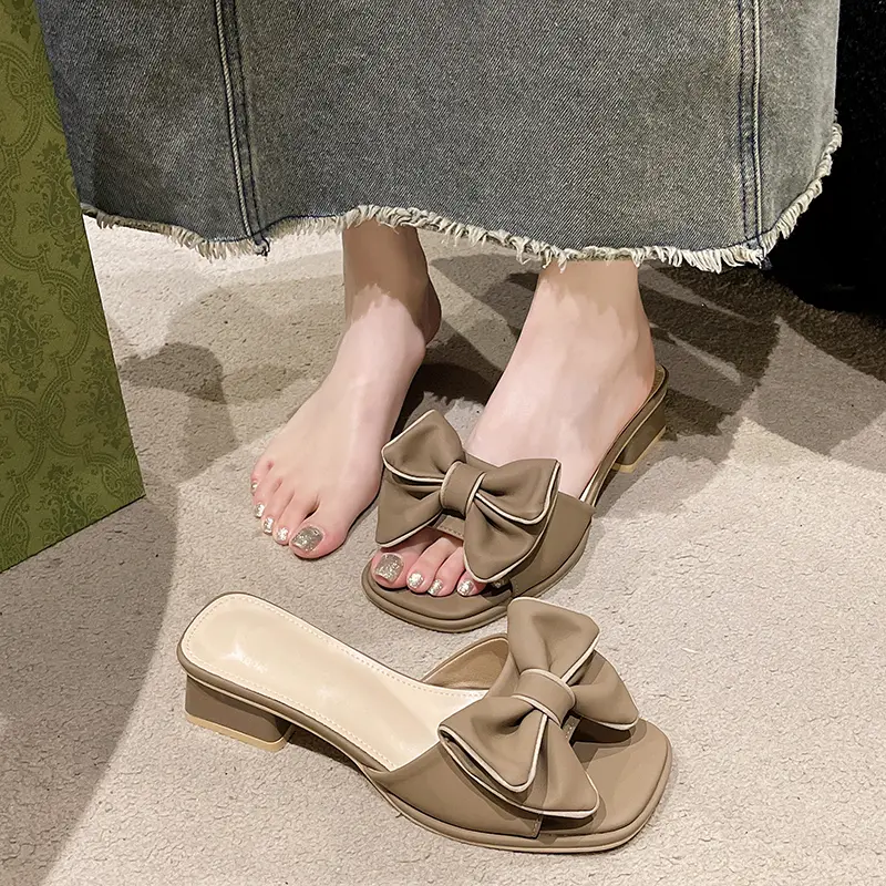 Aphixta 2025 New Summer 4.5cm Square Heel Slides Sweet Woman Shoes Buterfly Knot Design Square Toe Slides Sandals Classic Shoes