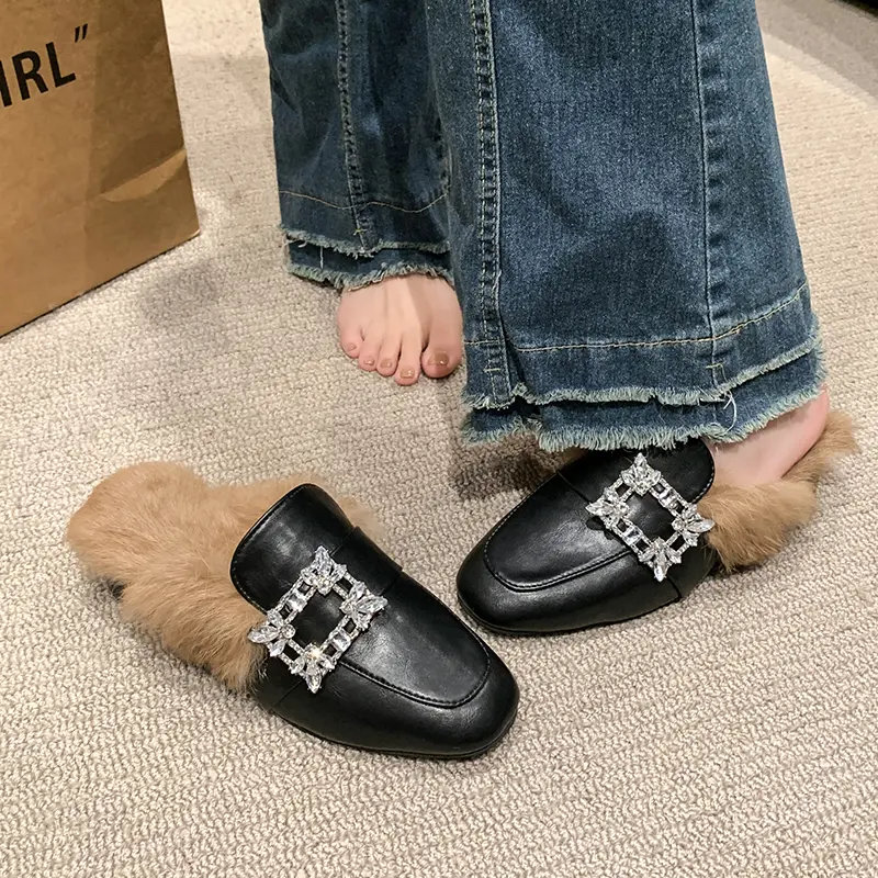 Aphixta Crystal Square Buckle Warm Winter Slipper Real Fur Women Mule Furry Shoes Square Toe 4.5cm Med Heel Black Modern Slides
