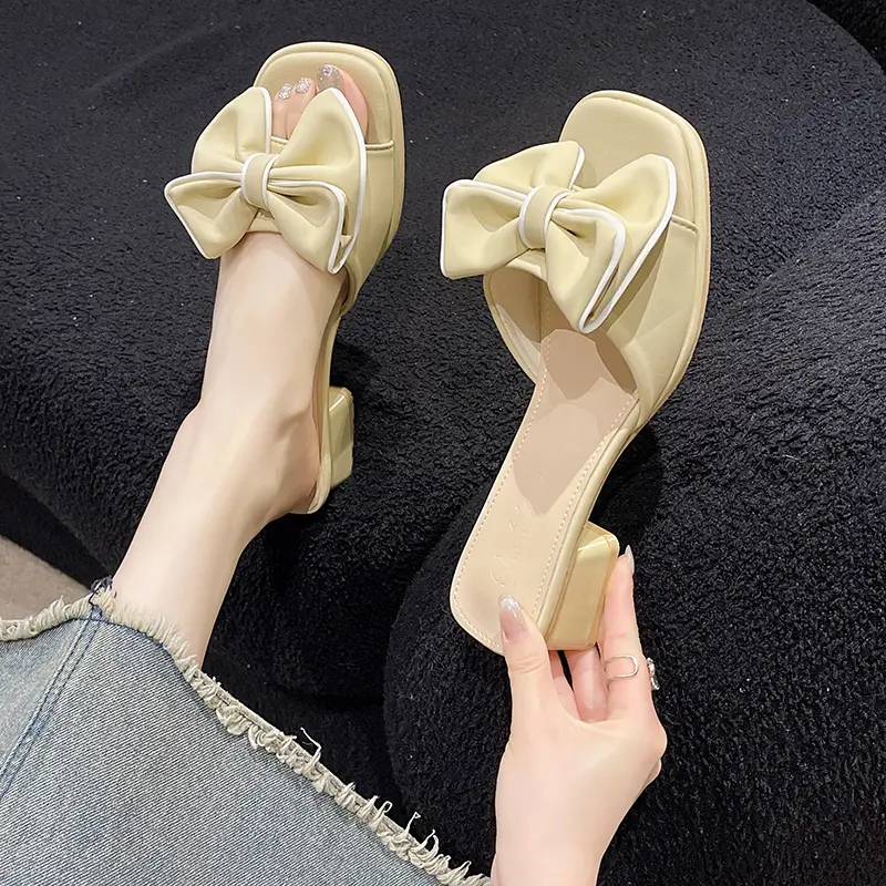 Aphixta 2025 New Summer 4.5cm Square Heel Slides Sweet Woman Shoes Buterfly Knot Design Square Toe Slides Sandals Classic Shoes
