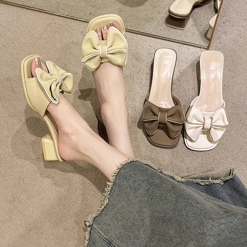 Aphixta 2025 New Summer 4.5cm Square Heel Slides Sweet Woman Shoes Buterfly Knot Design Square Toe Slides Sandals Classic Shoes