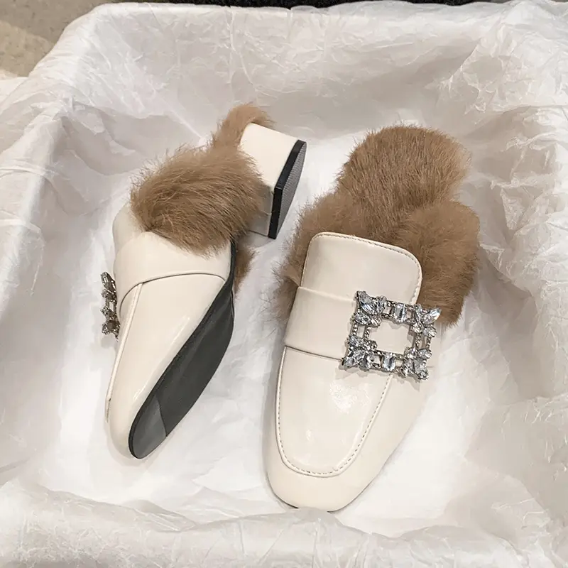 Aphixta Crystal Square Buckle Warm Winter Slipper Real Fur Women Mule Furry Shoes Square Toe 4.5cm Med Heel Black Modern Slides
