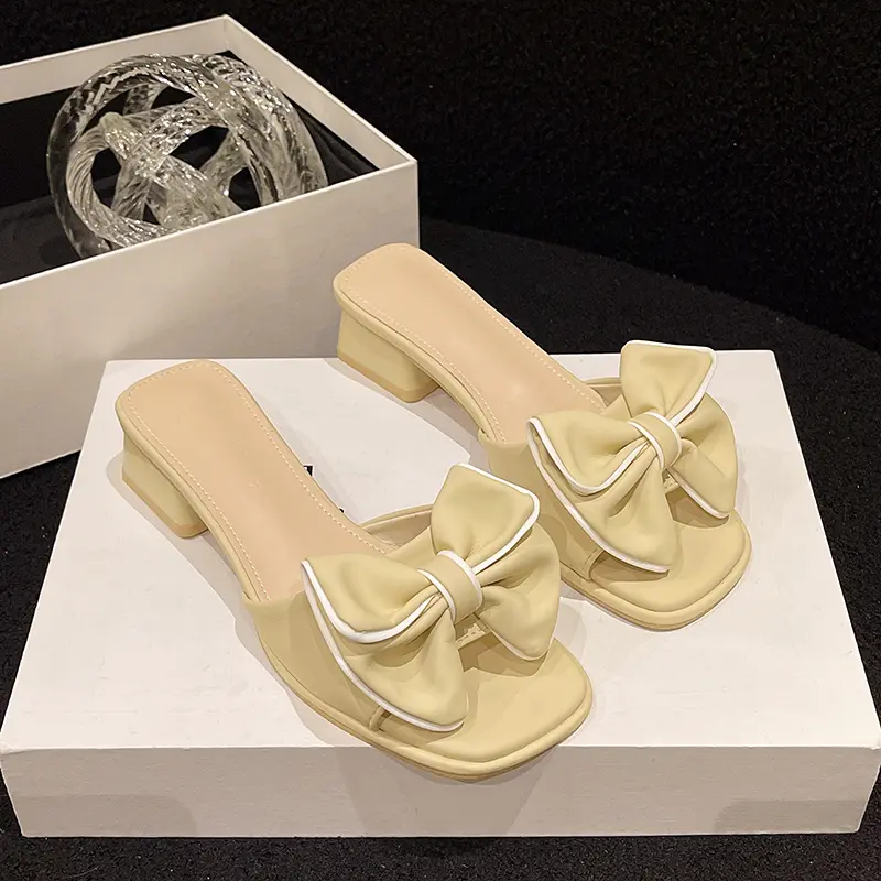 Aphixta 2025 New Summer 4.5cm Square Heel Slides Sweet Woman Shoes Buterfly Knot Design Square Toe Slides Sandals Classic Shoes