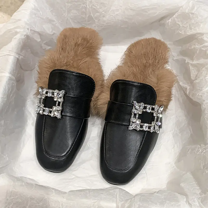 Aphixta Crystal Square Buckle Warm Winter Slipper Real Fur Women Mule Furry Shoes Square Toe 4.5cm Med Heel Black Modern Slides