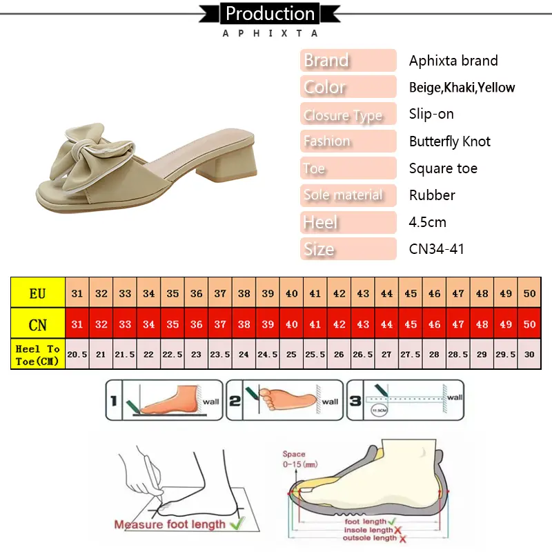Aphixta 2025 New Summer 4.5cm Square Heel Slides Sweet Woman Shoes Buterfly Knot Design Square Toe Slides Sandals Classic Shoes