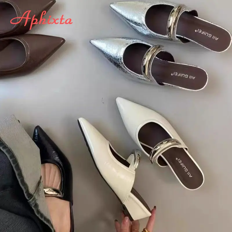 Aphixta Concise Metal Dec Fashion Summer Shoes Woman Low Heel Women Silver Pointed Toe Slides Sandals Heels zapatos de mujer
