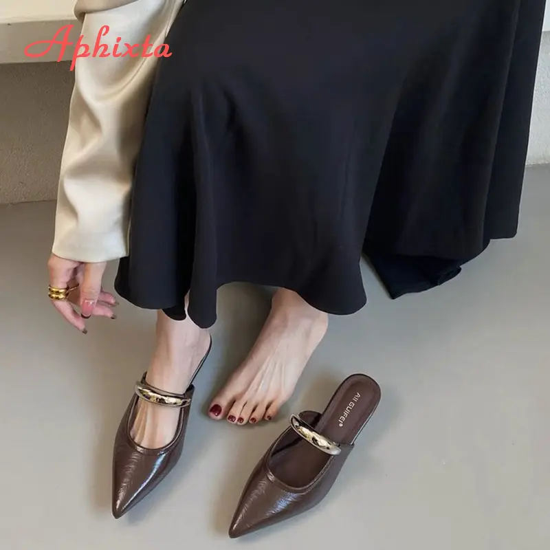 Aphixta Concise Metal Dec Fashion Summer Shoes Woman Low Heel Women Silver Pointed Toe Slides Sandals Heels zapatos de mujer